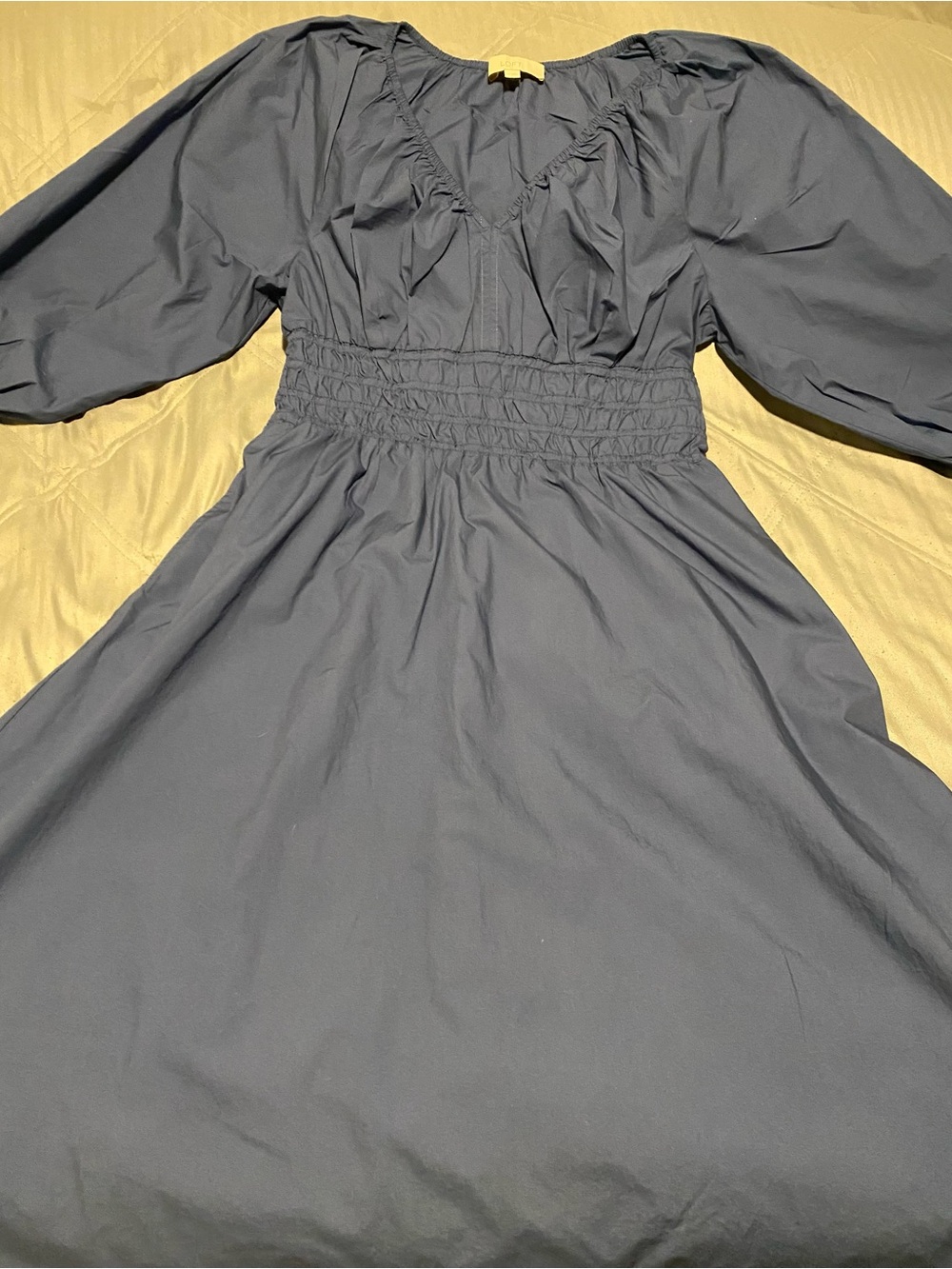LOFT Blue Puff-Sleeve Shirred-Waist Midi  Dress Size Large Petite